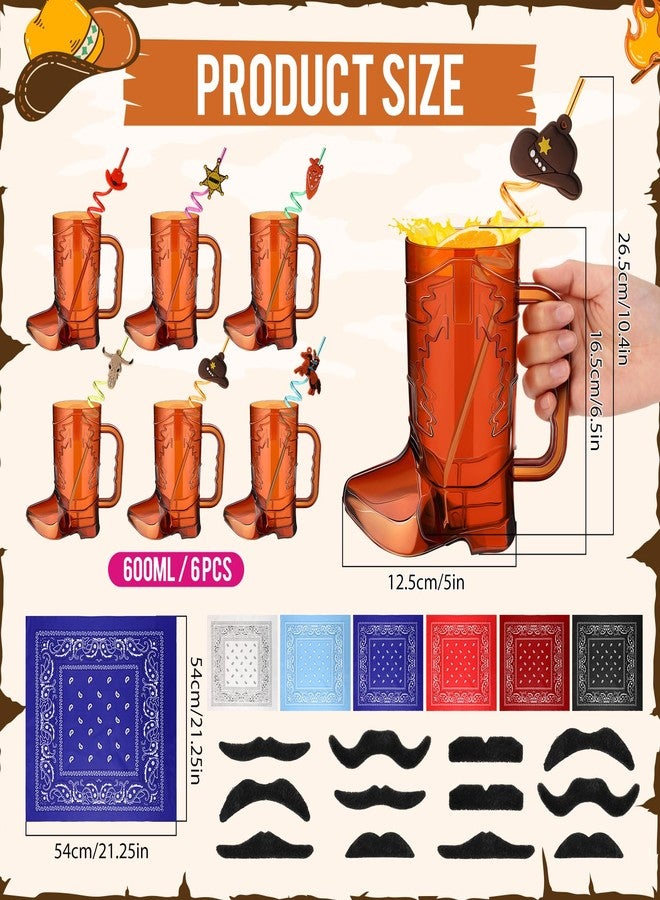 Sliner 30 Pcs Cowboy Party Favors Include 6 20 oz Cowboy Boot Mug Cup 6 Cowgirl Plastic Straws 6 Paisley Bandanas 12 Fake Mustaches for Western Theme Birthday Party Decorations Supplies(Fresh Color) - Image 3